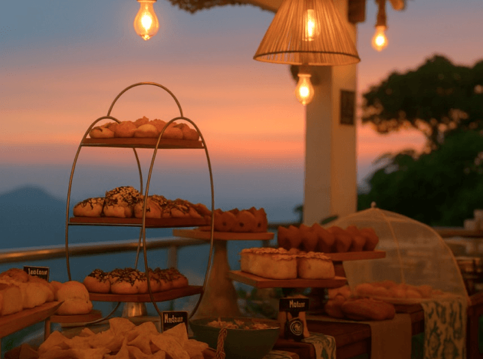 Imagem da mesa de café da manhã com o amanhecer ao fundo
